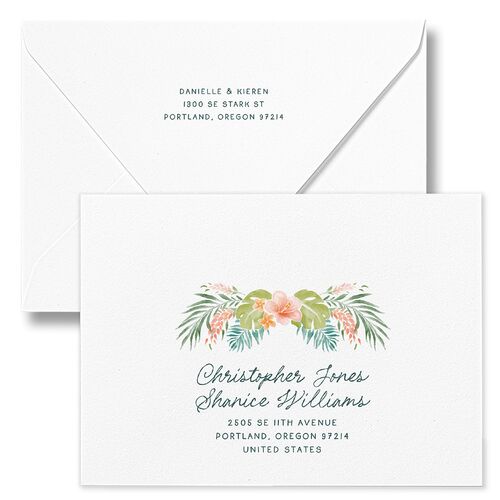 Watercolor Palm Crest Wedding Invitation Euro Envelopes Turquoise White Both Recipient and Return Addresses Luxe Signature