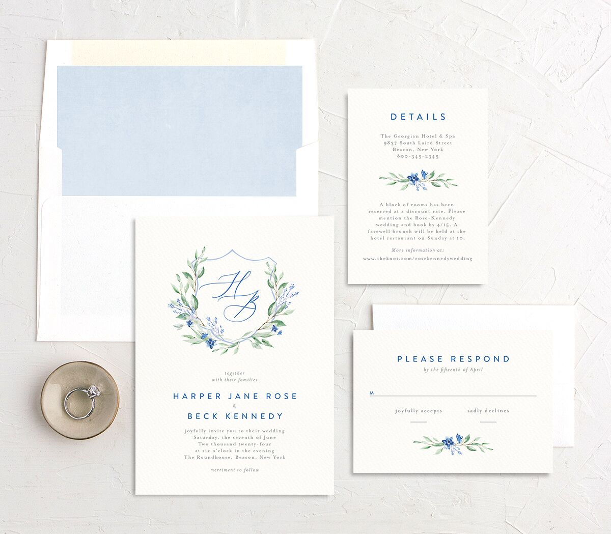 Watercolor Crest Wedding Invitations Cornflower Signature No