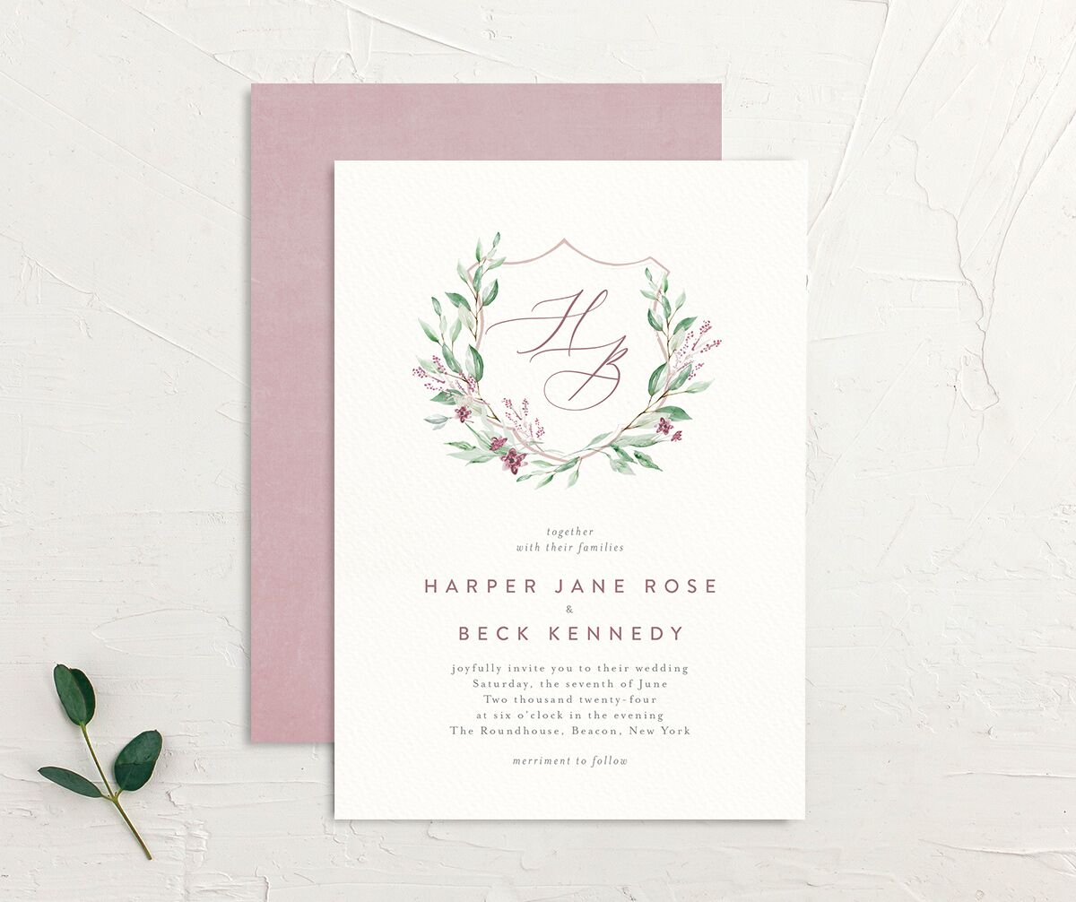 Watercolor Crest Wedding Invitations front-and-back in pink