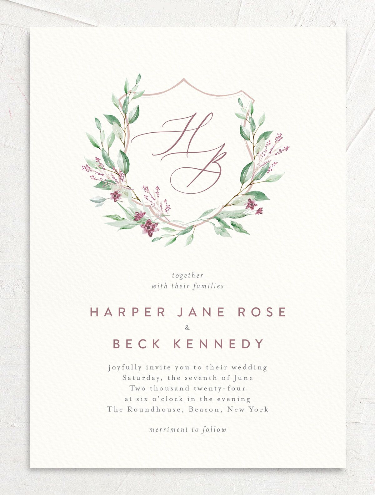 Watercolor Crest Wedding Invitations front in pink