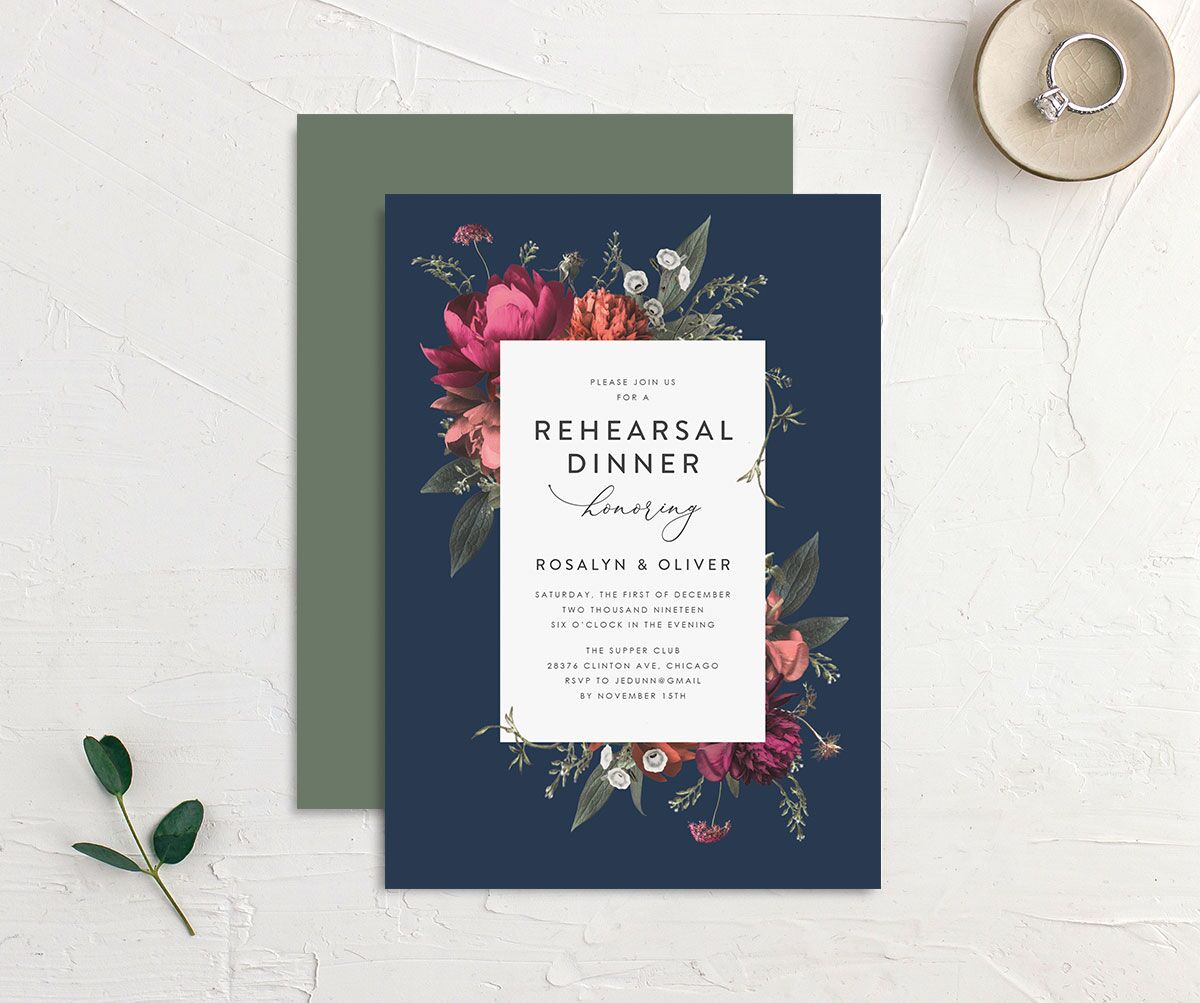 Classic Garden Rehearsal Dinner Invitations front-and-back in Blue