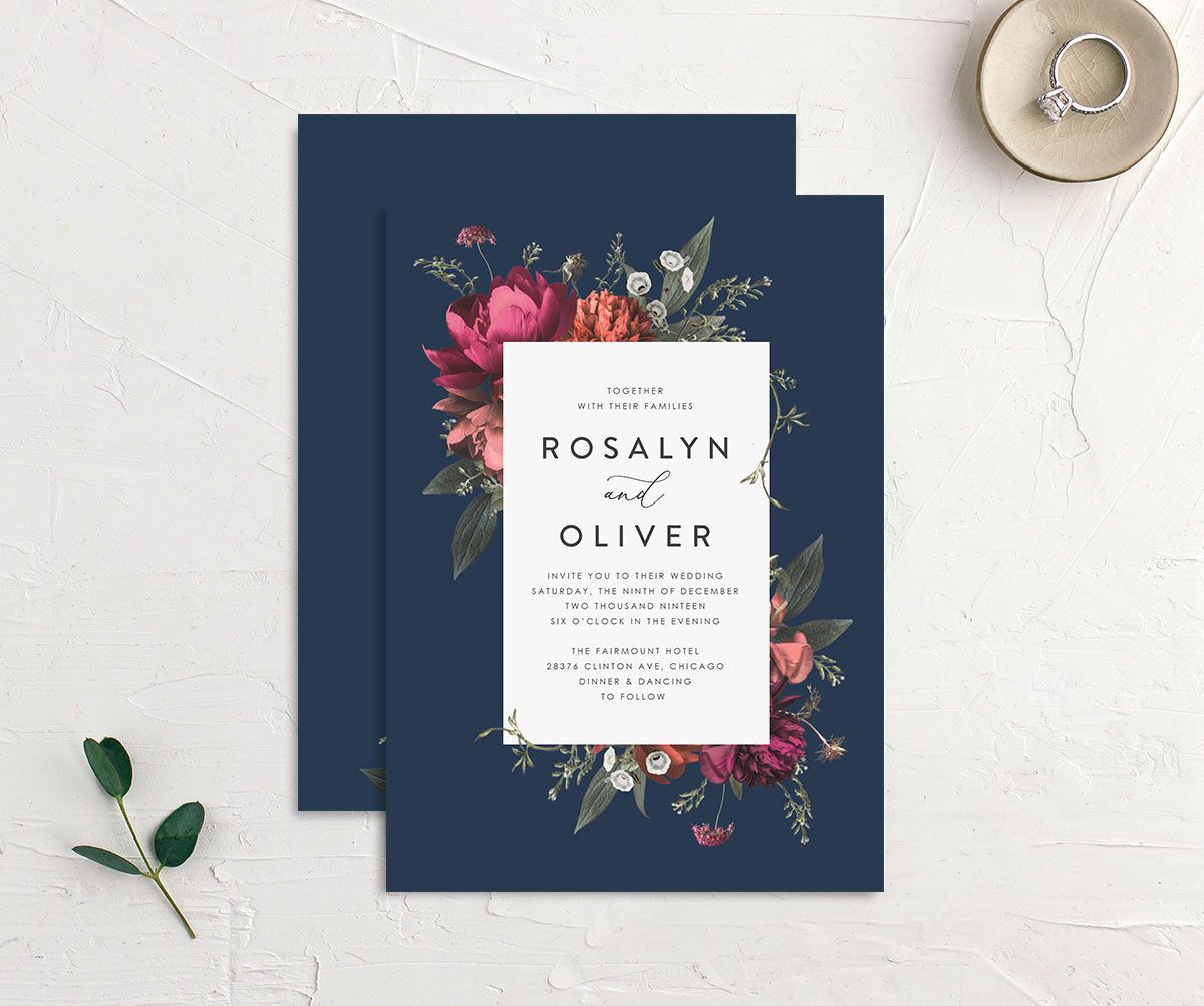 Classic Garden Wedding Invitations front-and-back in blue