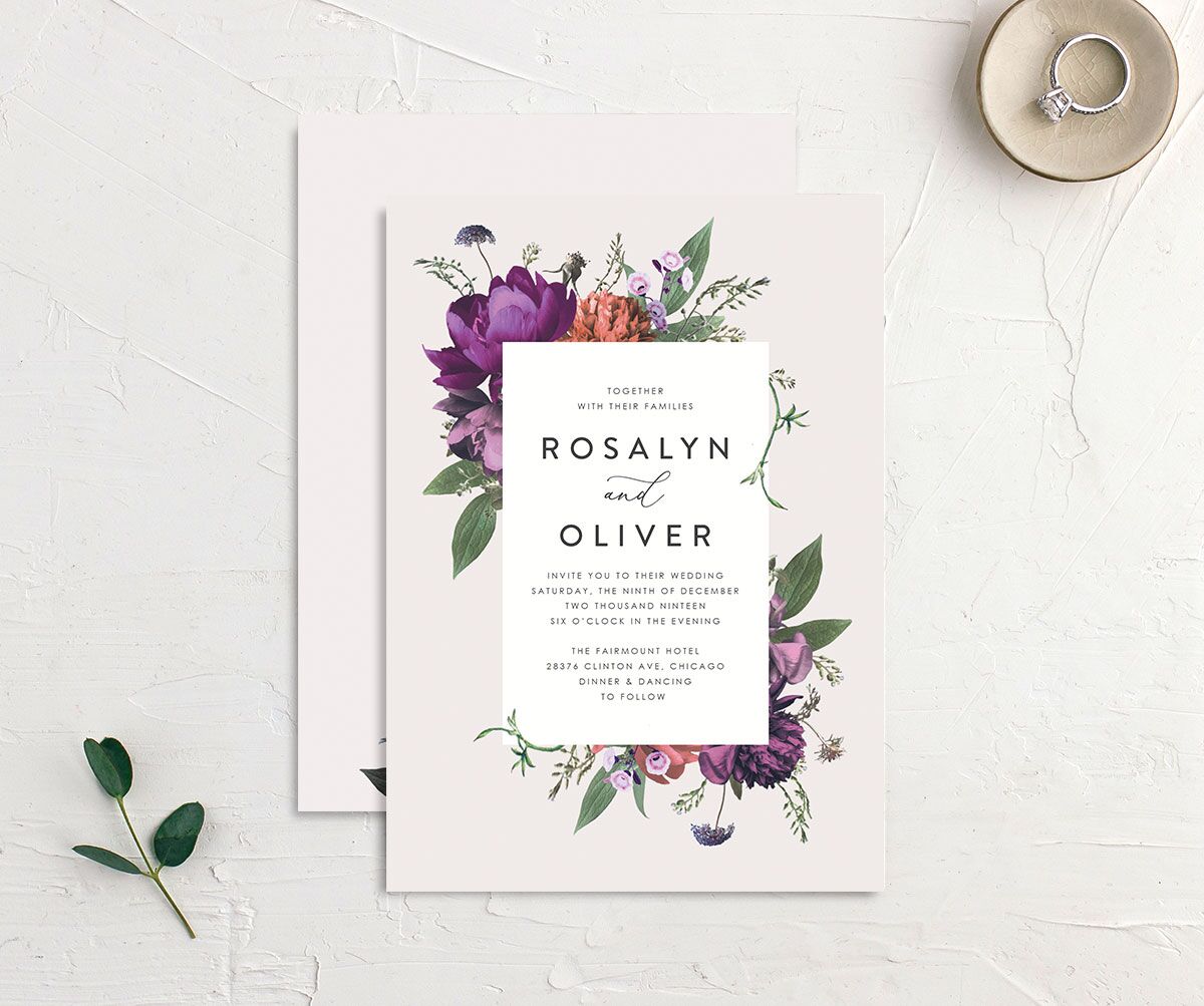 Classic Garden Wedding Invitations front-and-back in purple