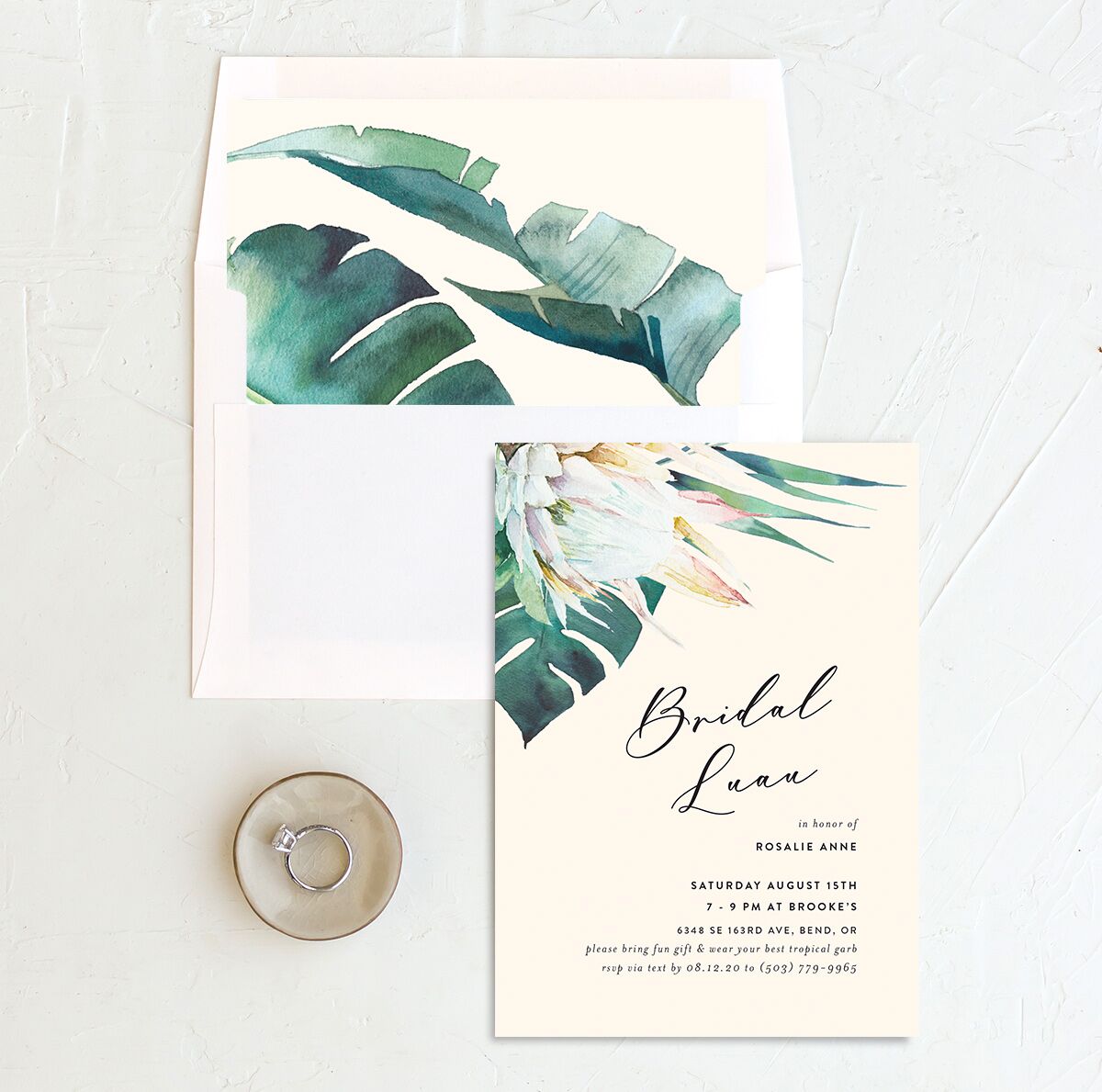 Palm and Protea Bridal Shower Invitations envelope-and-liner