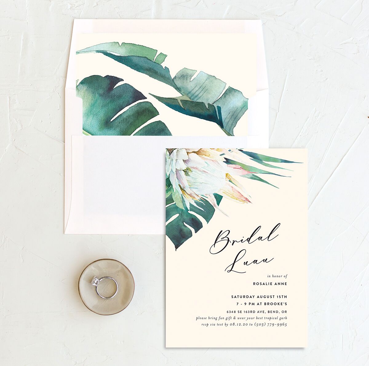 Palm and Protea Bridal Shower Invitations envelope-and-liner in cream