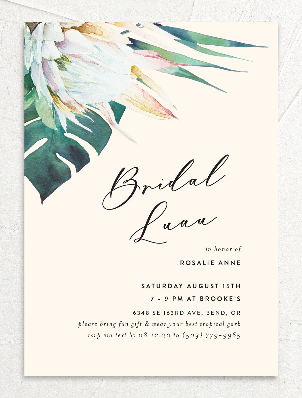Palm and Protea Bridal Shower Invitations front in cream