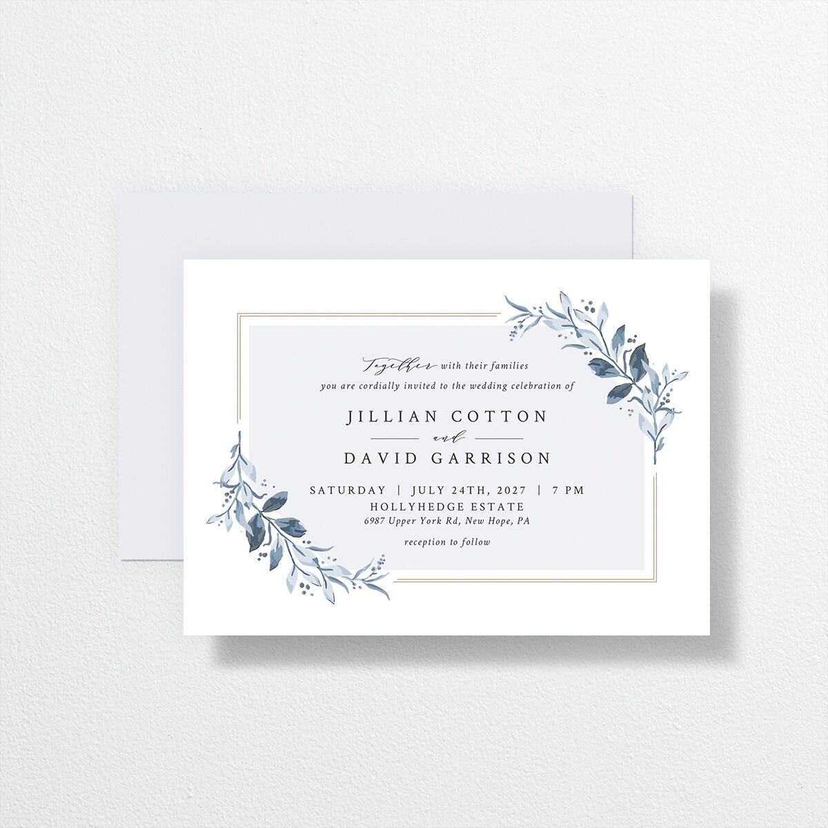  Classic Greenery Wedding Invitations front-and-back in blue