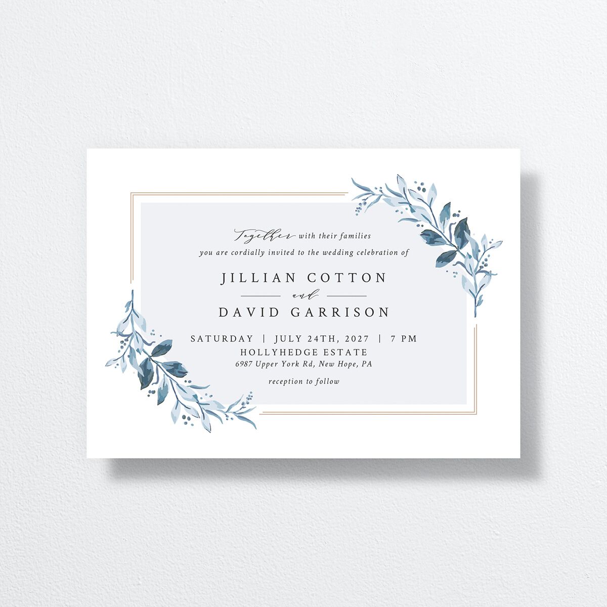  Classic Greenery Wedding Invitations front in blue