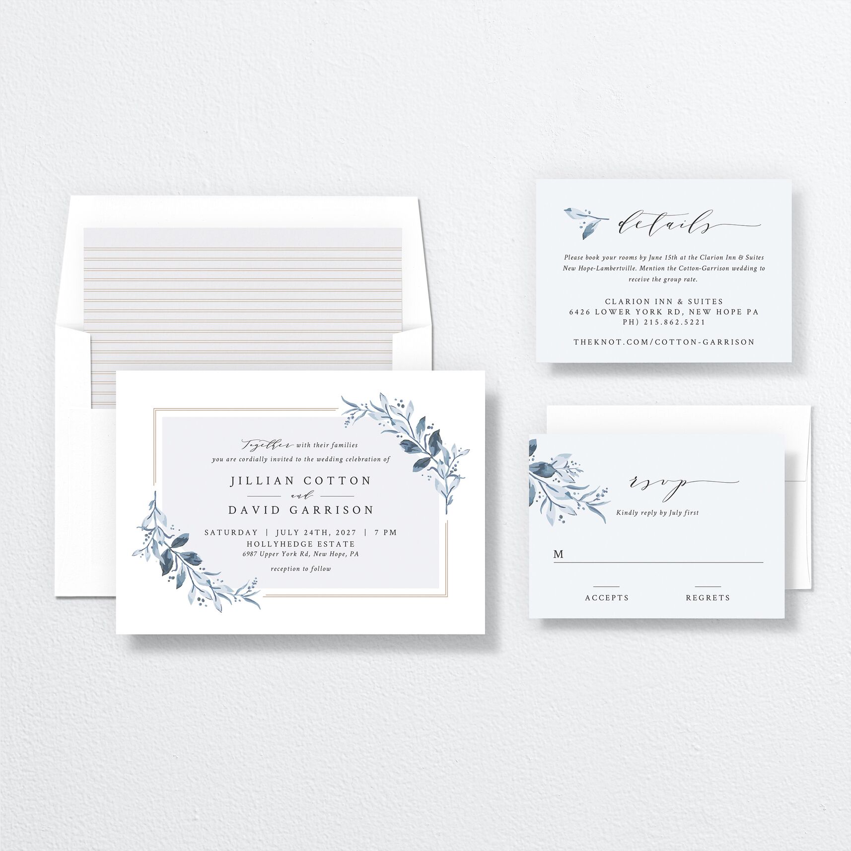 Classic Greenery Wedding Invitations suite in blue