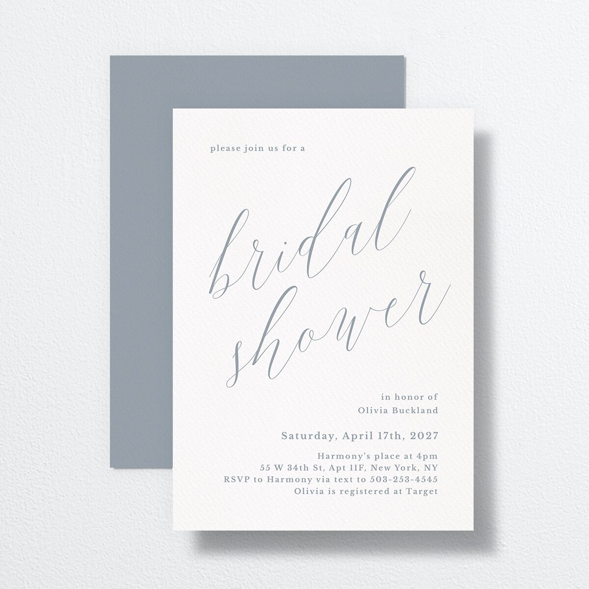 At Last Bridal Shower Invitations front-and-back in Blue