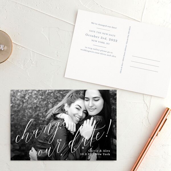 Minimalist Script Change the Date Postcards French Blue