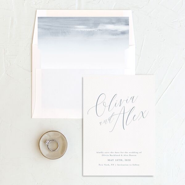 Minimalist Script Save the Date Cards French Blue Signature No