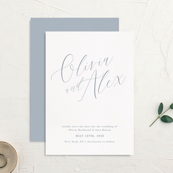 Minimalist Script Save the Date Cards French Blue Signature No
