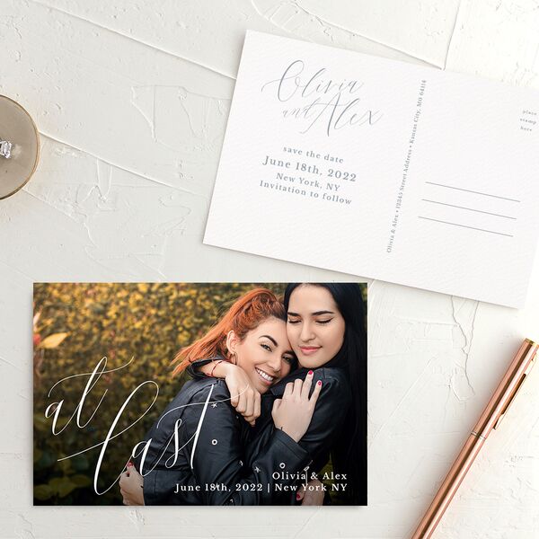 Minimalist Script Save the Date Postcards French Blue