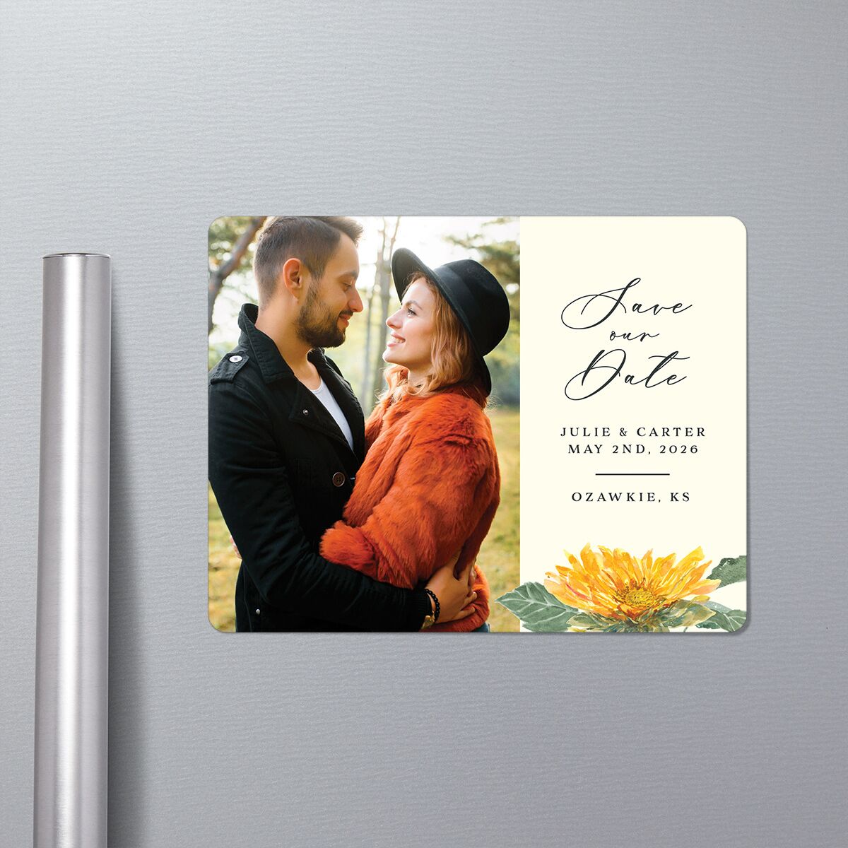 Sunflower Save The Date Magnets in-situ in Yellow
