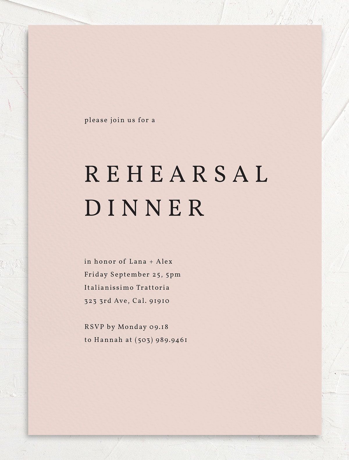 Modern Chic Rehearsal Dinner Invitations front in Pink