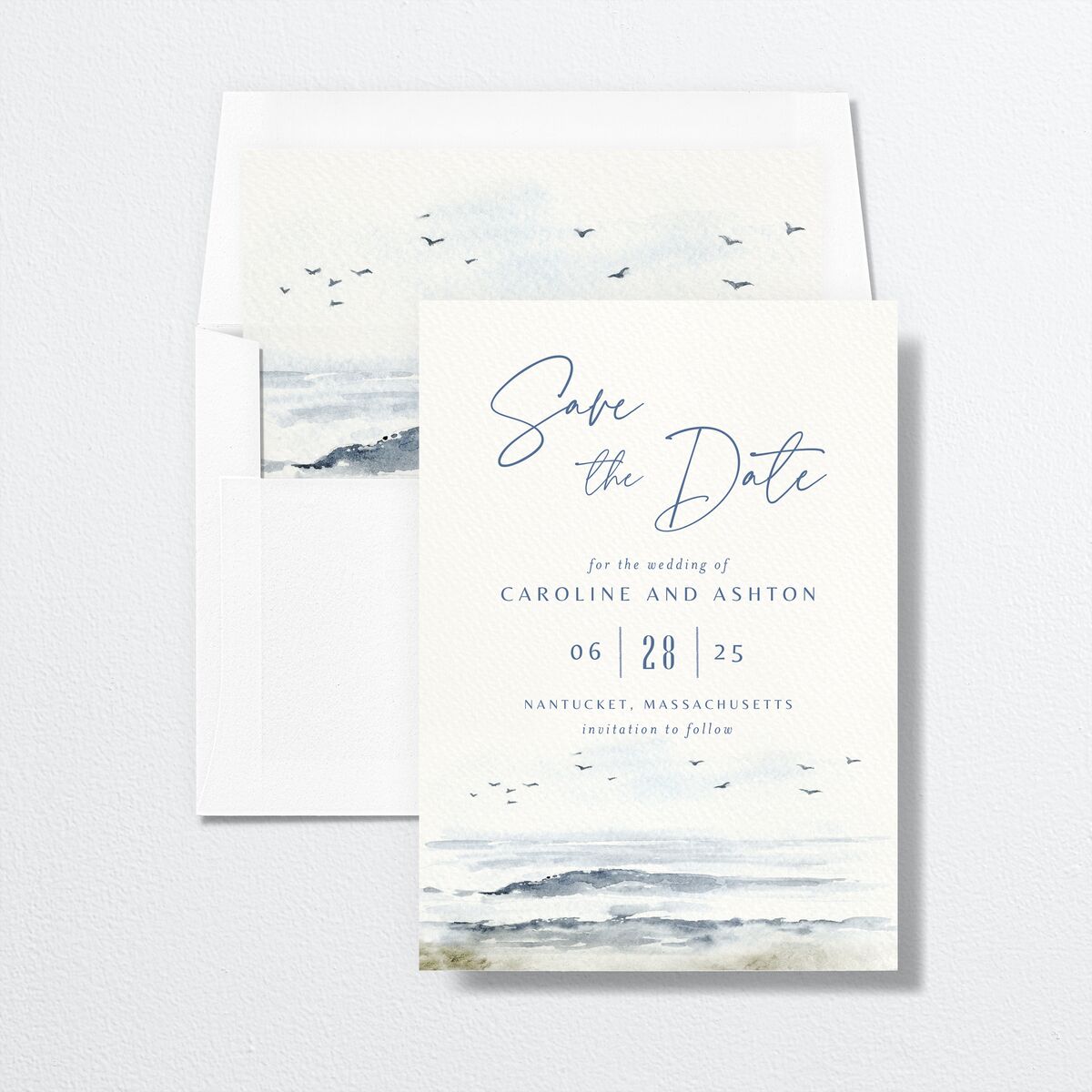 Coastal Love Save The Date Cards envelope-and-liner in Blue