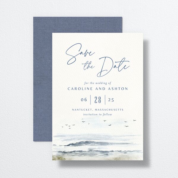 Coastal Love Save The Date Cards front-and-back in Blue