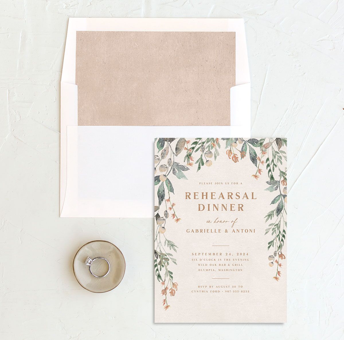 Vintage Vineyard Rehearsal Dinner Invitations envelope-and-liner in cream