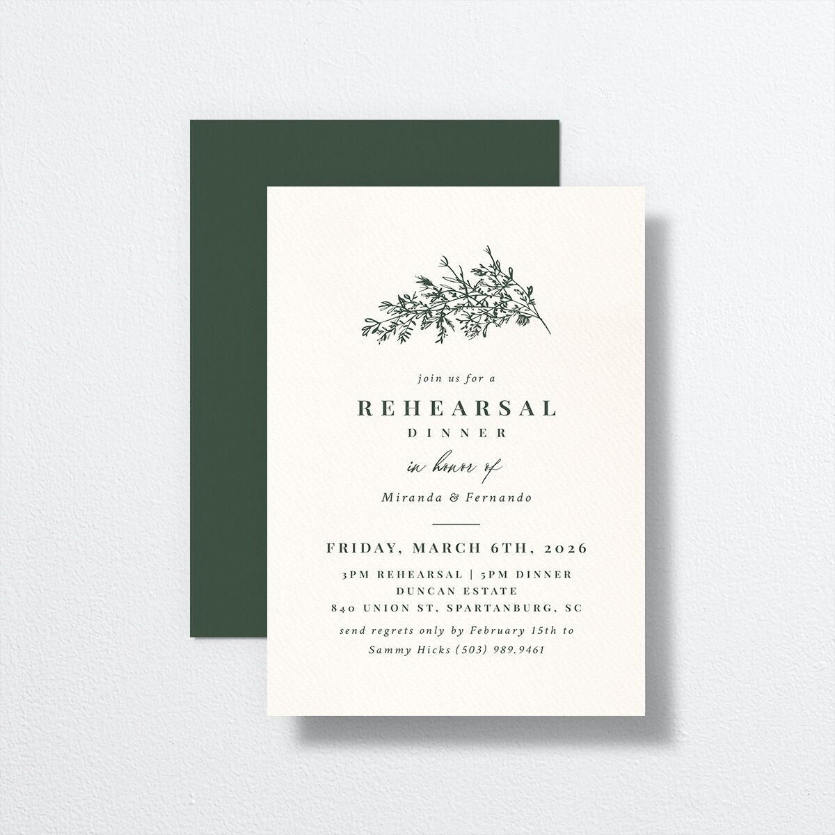 Botanical Branches Rehearsal Dinner Invitations front-and-back