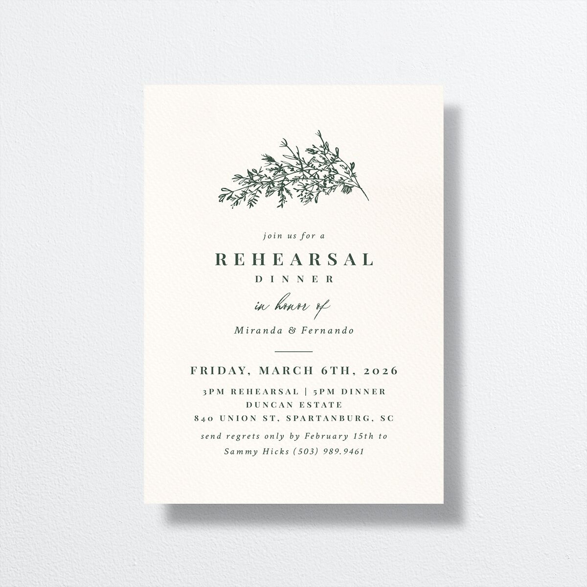 Botanical Branches Rehearsal Dinner Invitations front