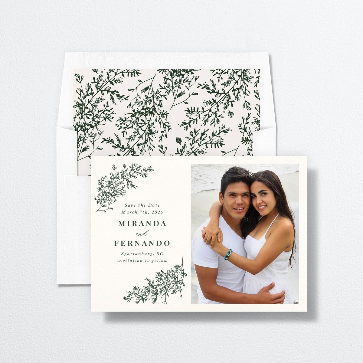Botanical Branches Save The Date Cards envelope-and-liner in Green
