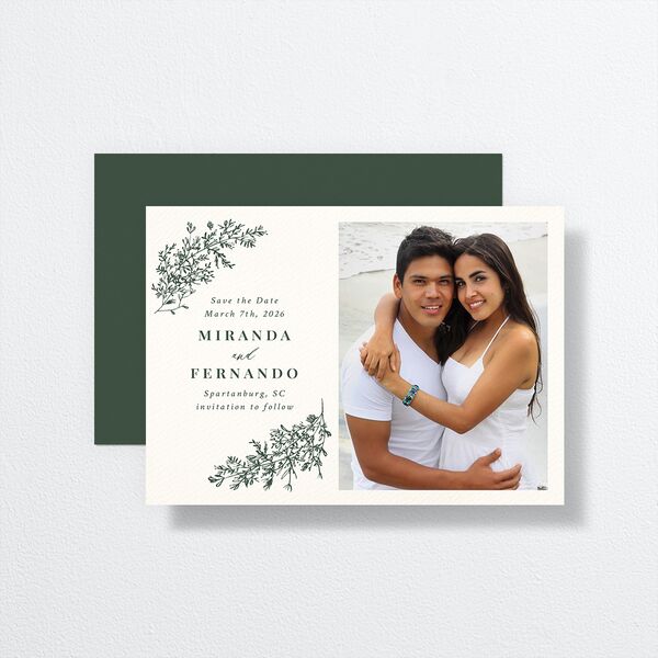 Botanical Branches Save The Date Cards front-and-back in Green