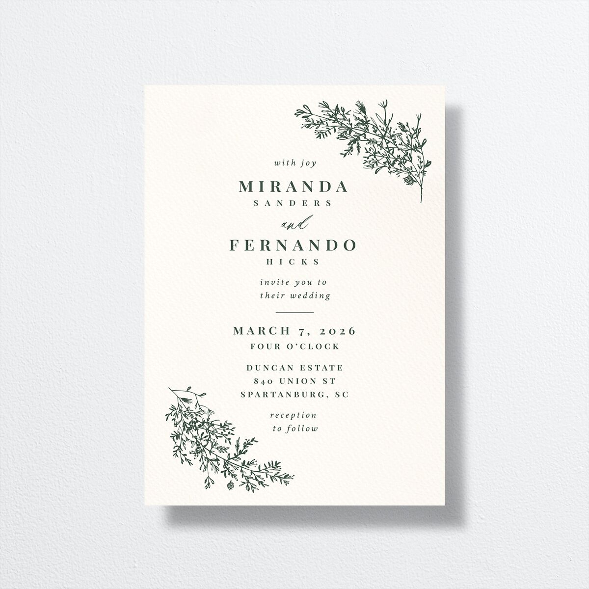Botanical Branches Wedding Invitations front in Green