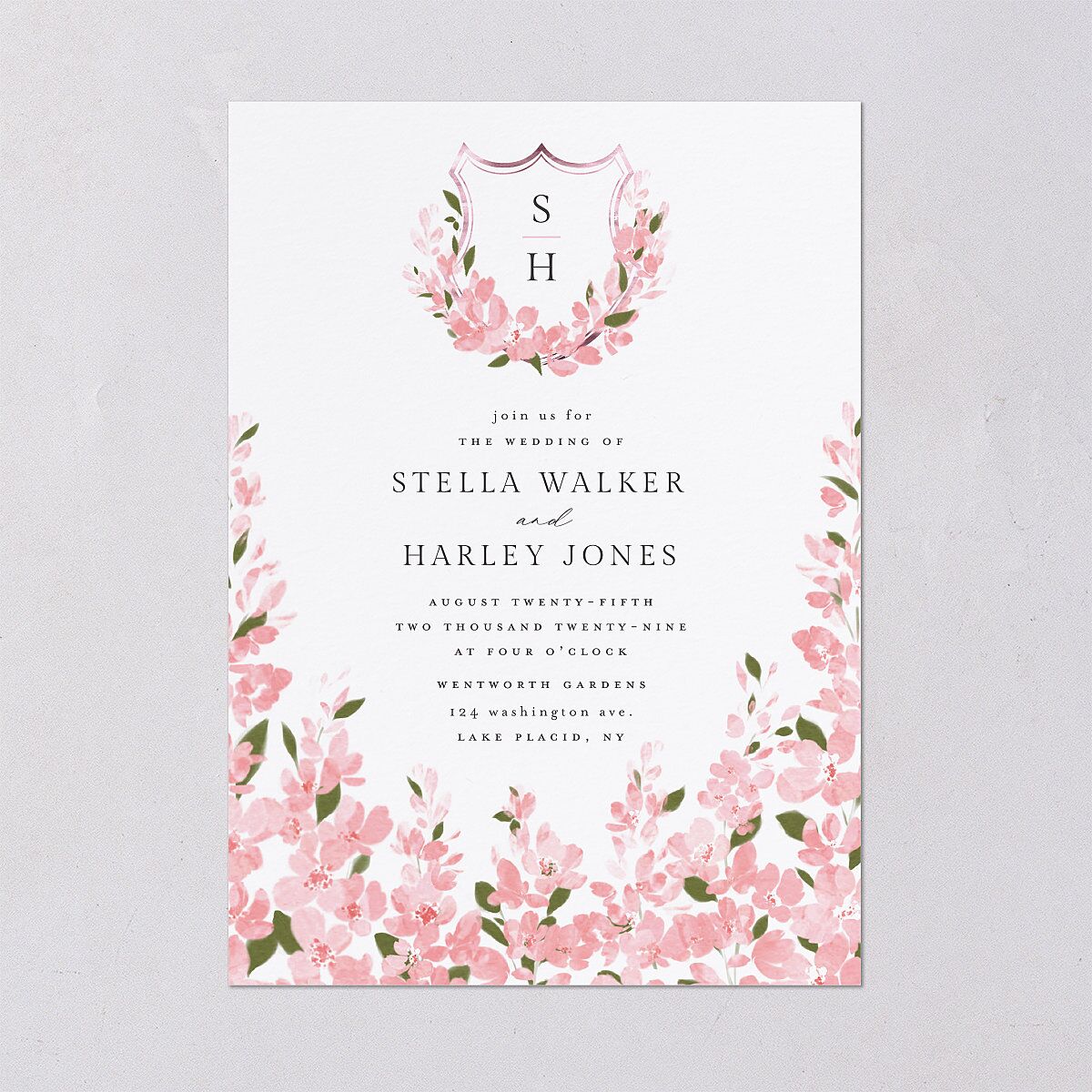 Delphinium Crest Wedding Invitations Shell Pink Signature Blank No Standard