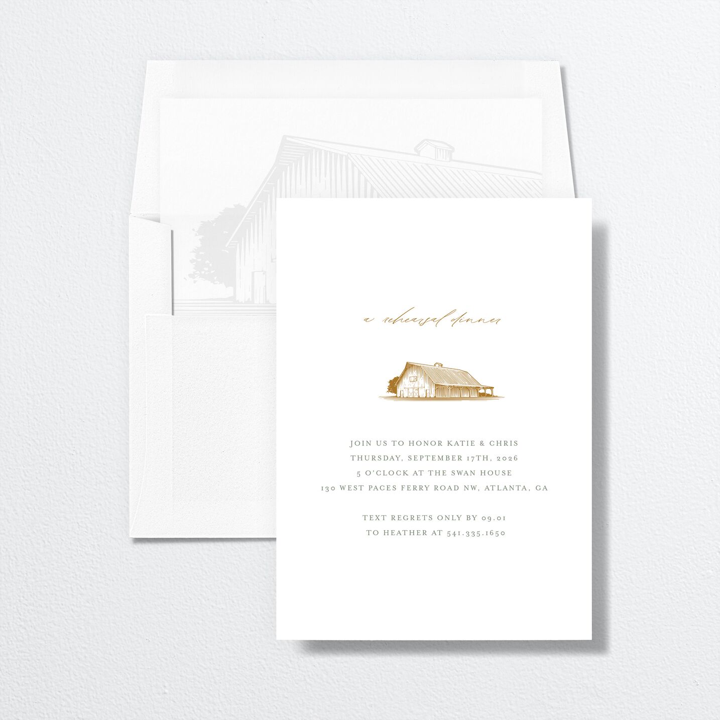 Classic Landscape Rehearsal Dinner Invitations envelope-and-liner in gold