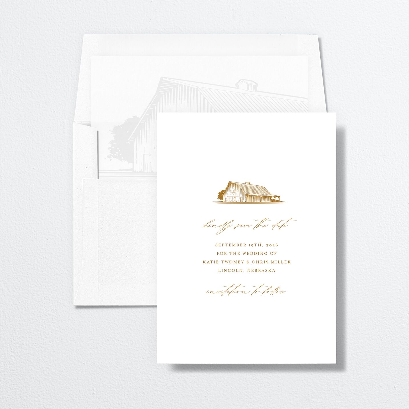 Classic Landscape Save the Date envelope-and-liner in gold