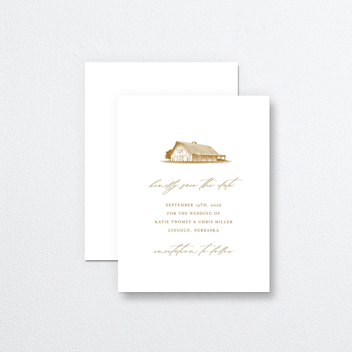 Classic Landscape Save the Date Petite Cards front-and-back in Gold