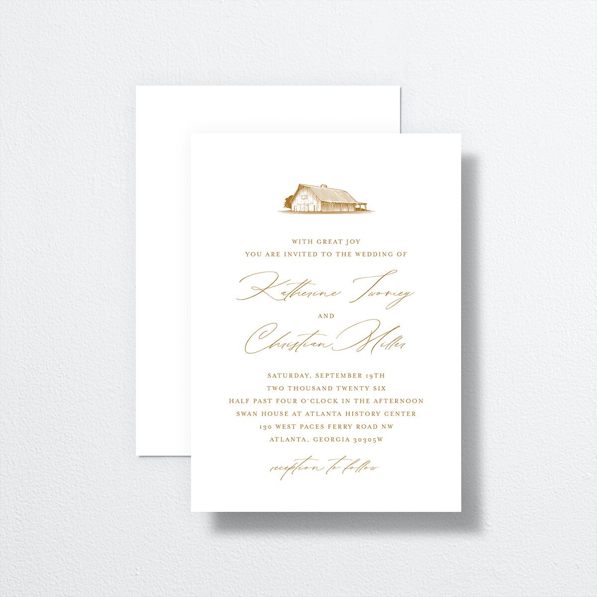 Classic Landscape Wedding Invitations front-and-back in gold