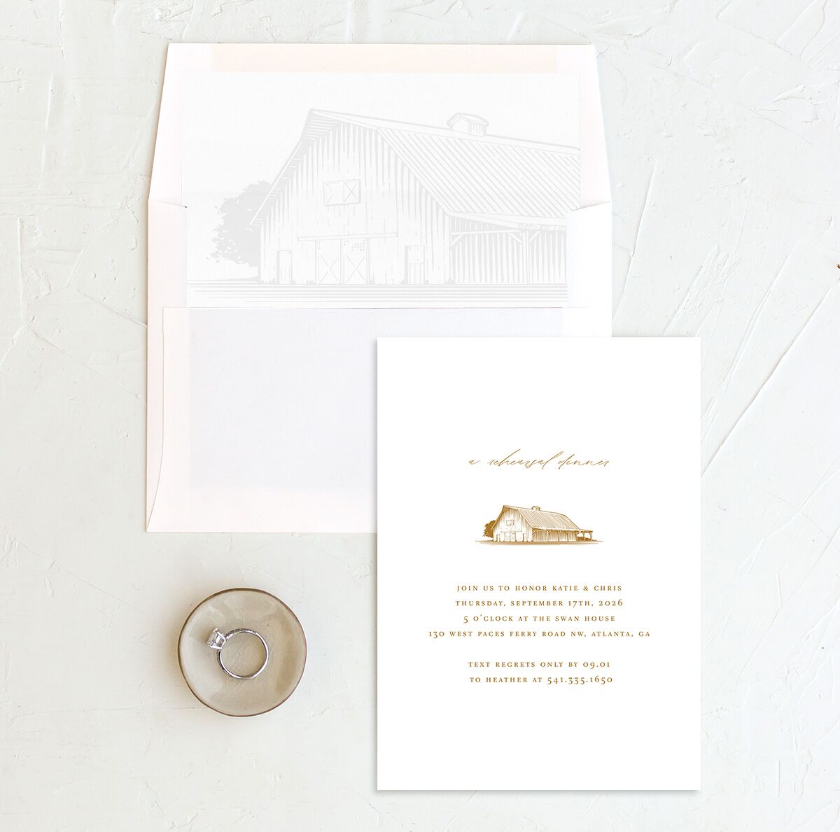 Traditional Landscape Rehearsal Dinner Invitations envelope-and-liner in gold