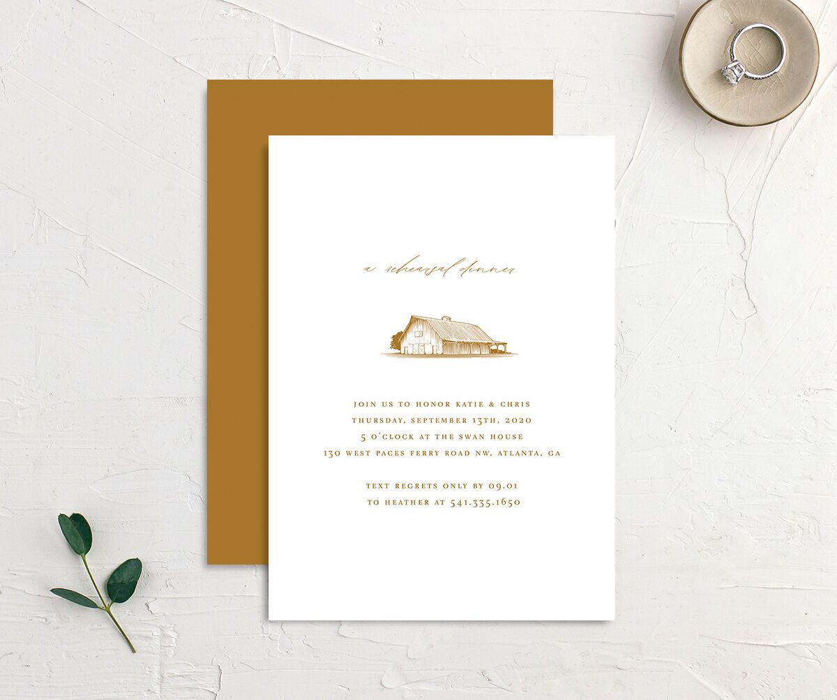 Traditional Landscape Rehearsal Dinner Invitations front-and-back in gold