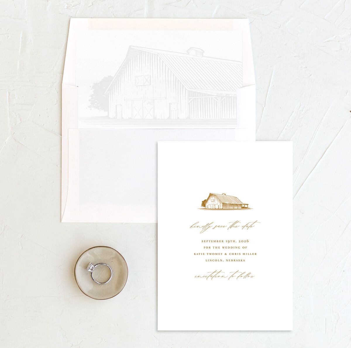 Traditional Landscape Save the Date Cards envelope-and-liner in gold