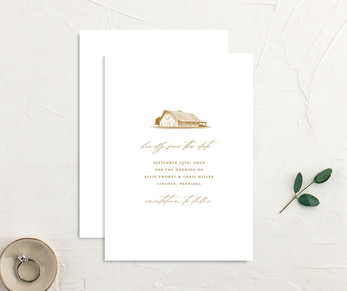 Traditional Landscape Save the Date Cards front-and-back in gold