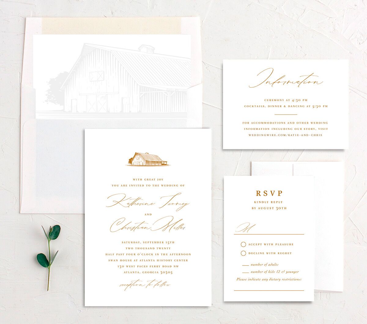 Traditional Landscape Wedding Invitations suite in gold
