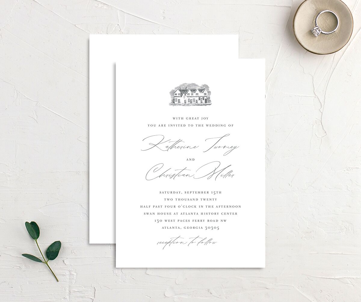 Traditional Landscape Wedding Invitations front-and-back in grey