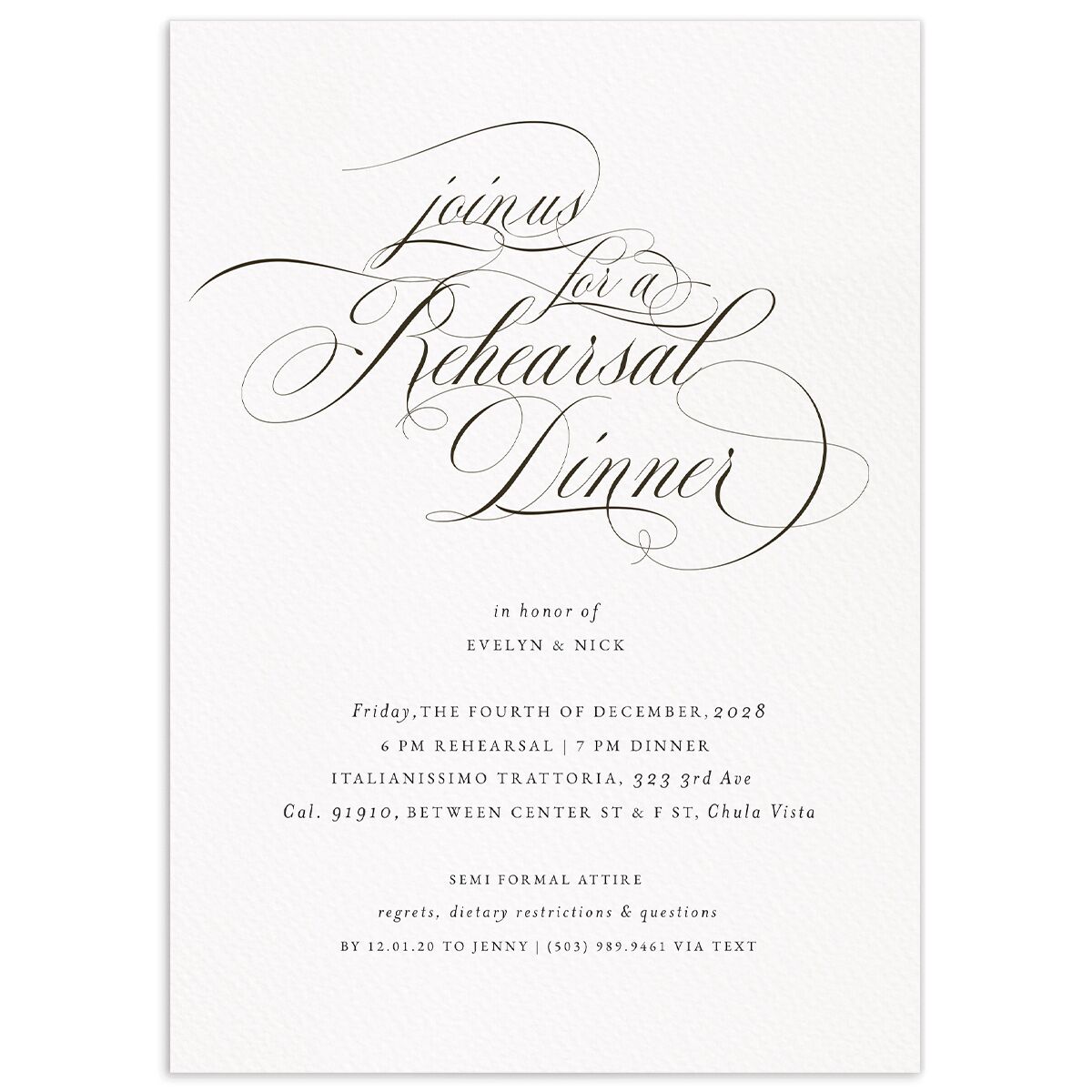 Exquisite Calligraphy Rehearsal Dinner Invitations