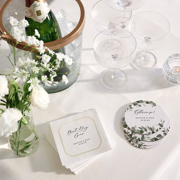 Eucalyptus Frame Wedding Day Coaster Pure White Cardboard Soft Square