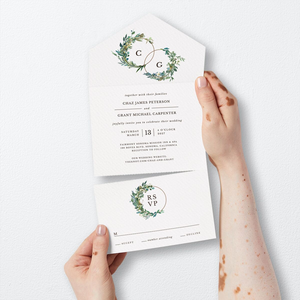 Leafy Hoops All-in-One Wedding Invitations card-and-rsvp in Green