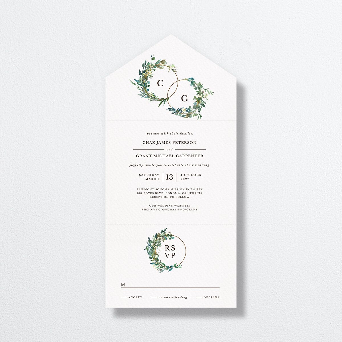Leafy Hoops All-in-One Wedding Invitations front in Green