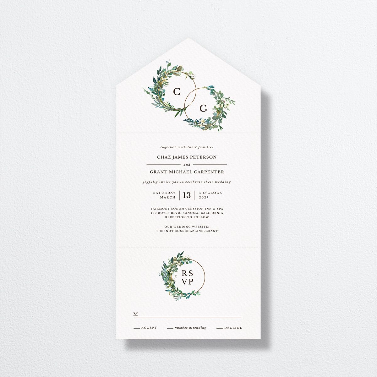 Leafy Hoops All-in-One Wedding Invitations Eucalyptus Signature Light Both Recipient and Return Addresses No
