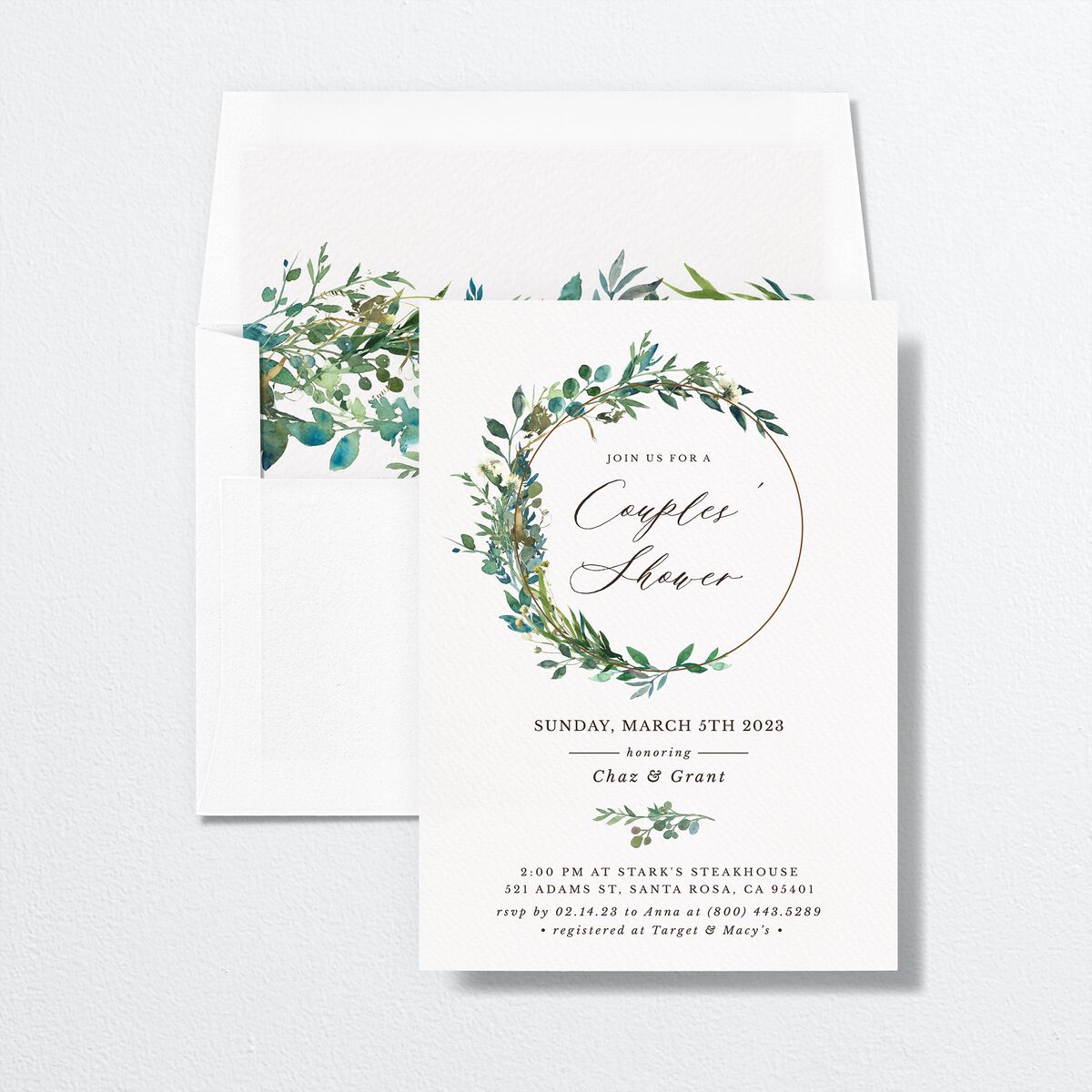 Leafy Hoops Bridal Shower Invitations envelope-and-liner