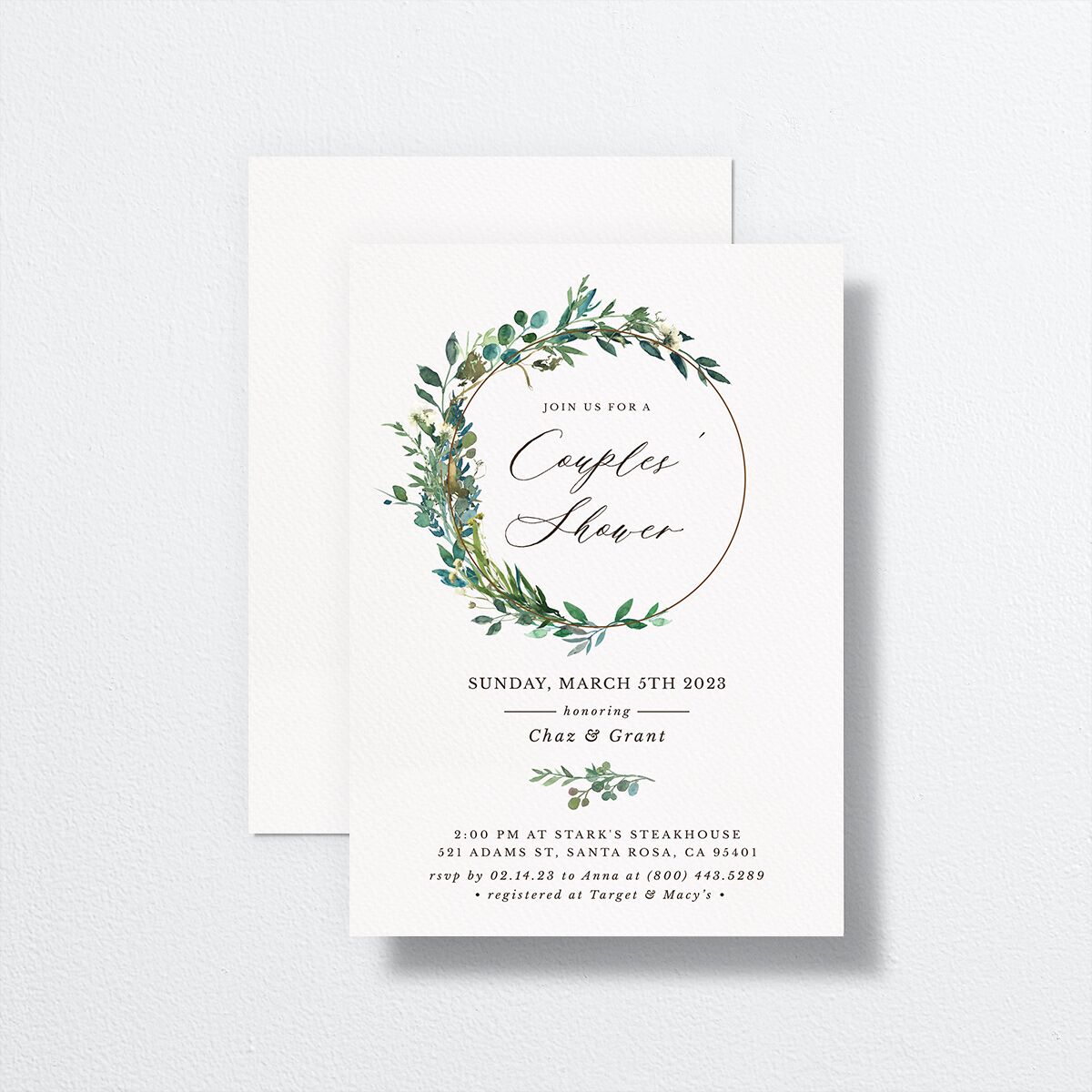 Leafy Hoops Bridal Shower Invitations front-and-back