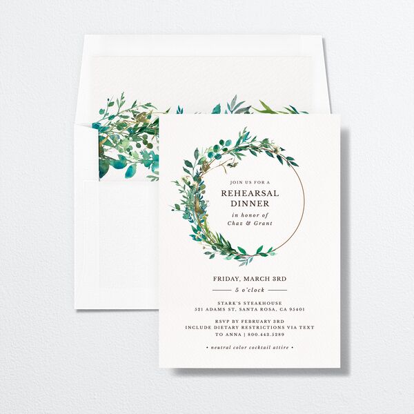 Leafy Hoops Rehearsal Dinner Invitations envelope-and-liner in Green