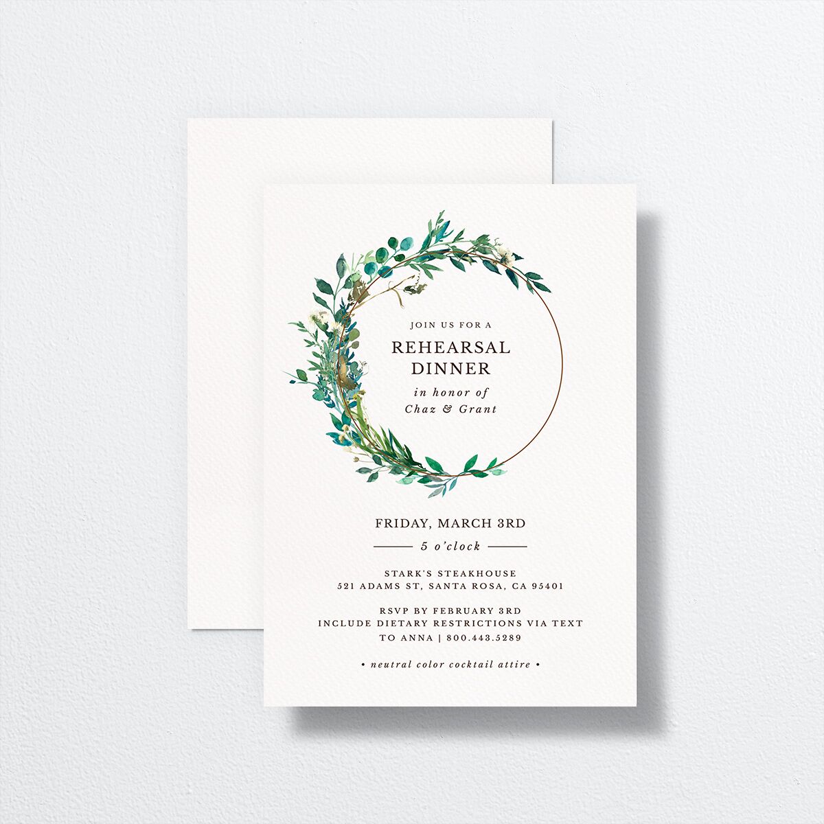 Leafy Hoops Rehearsal Dinner Invitations front-and-back in Green