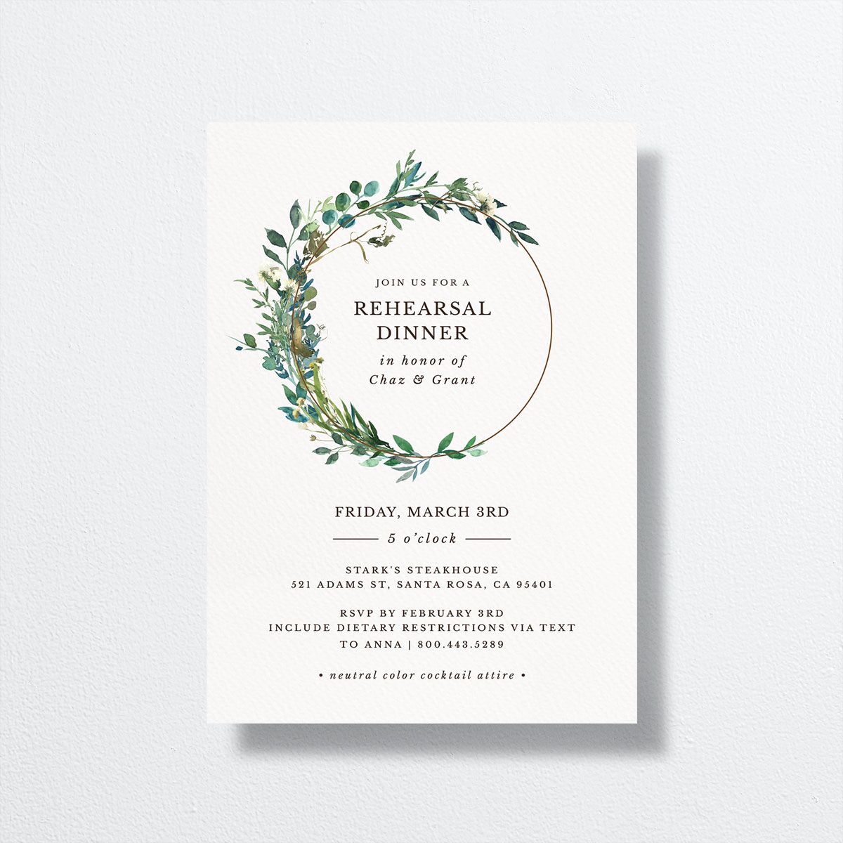 Leafy Hoops Rehearsal Dinner Invitations front in Green