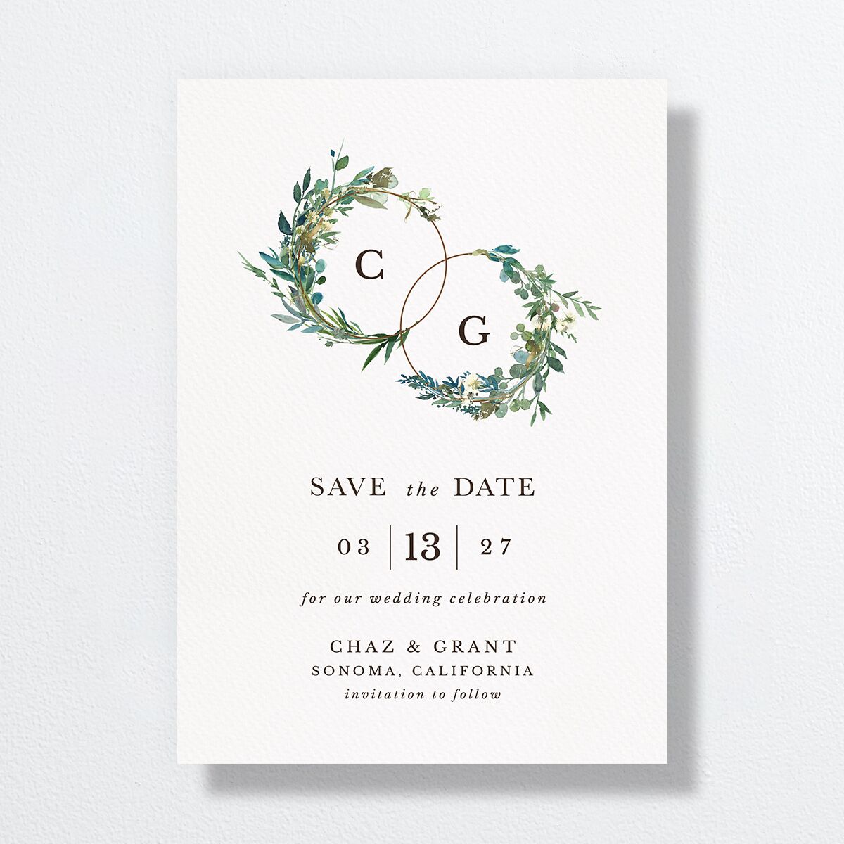 Leafy Hoops Save The Date Cards Eucalyptus Signature smooth No Standard